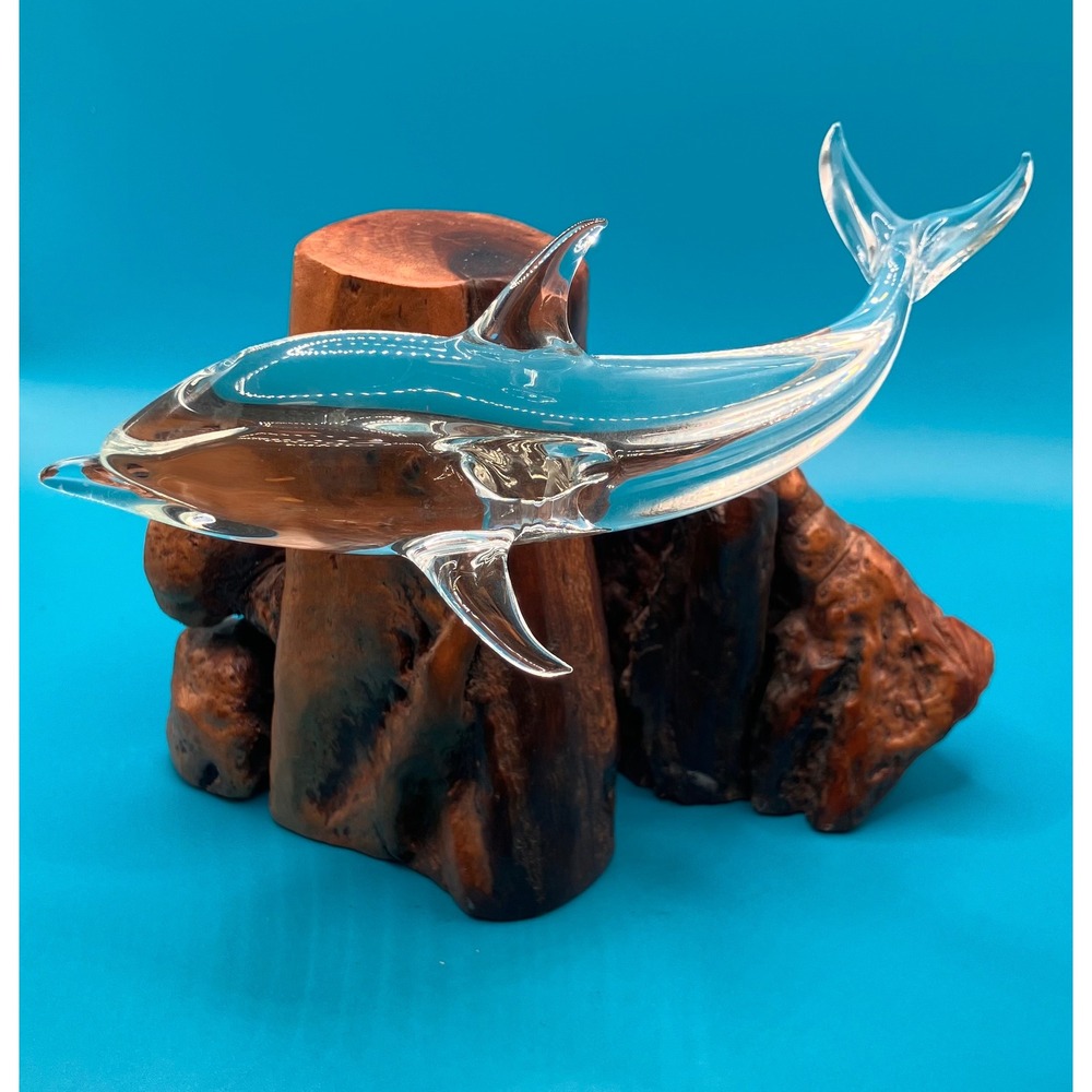 Glass Dolphin Figurine Clear Burl Wood Base Sculpture